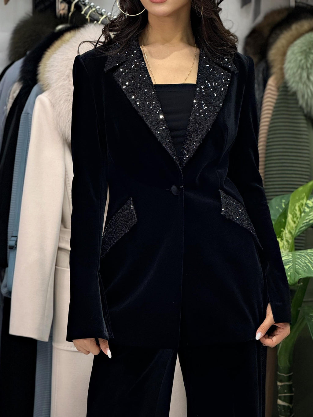 Velvet Sequin Blazer & High-Waist Pants Set