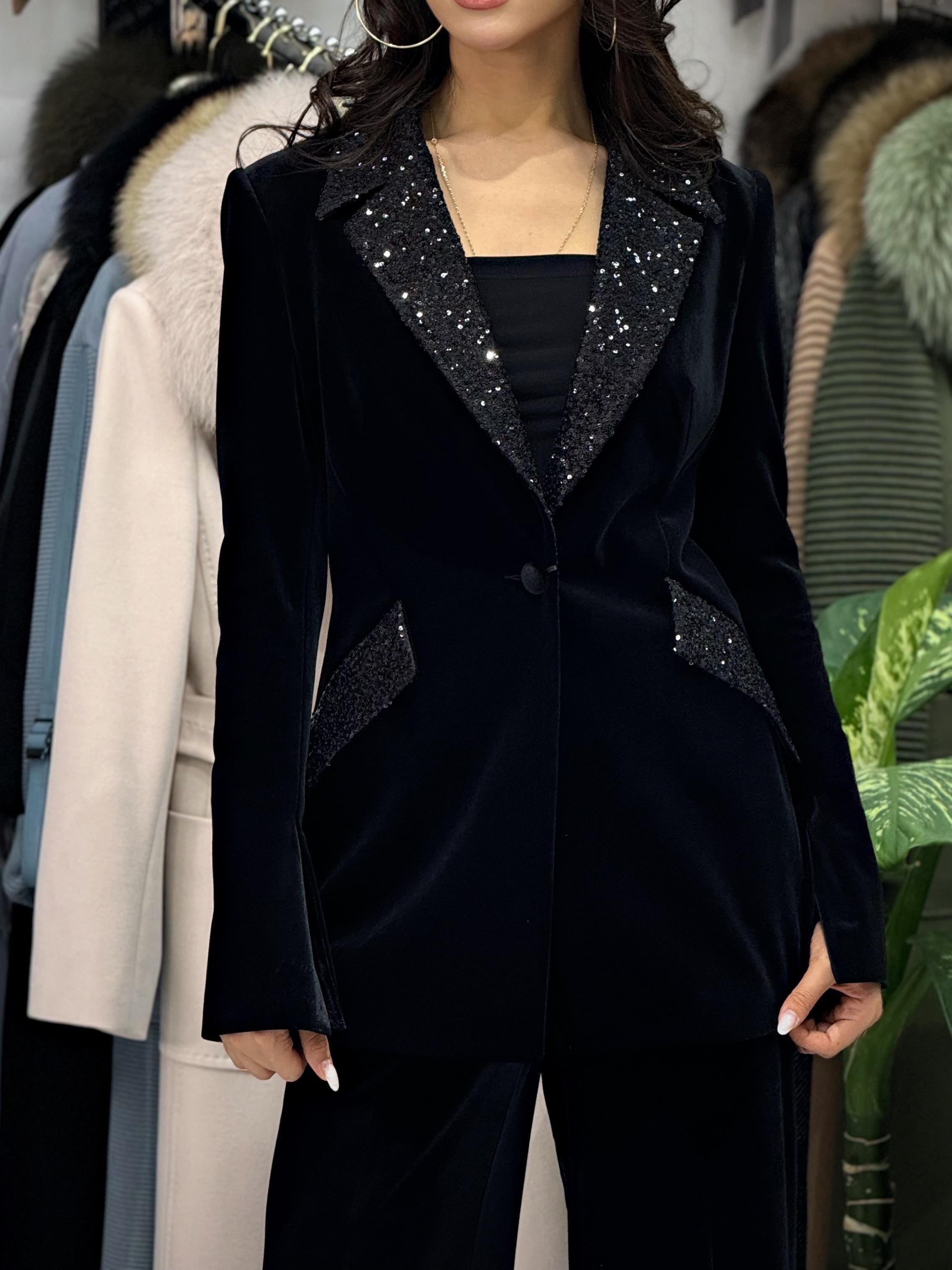 Velvet Sequin Blazer & High-Waist Pants Set