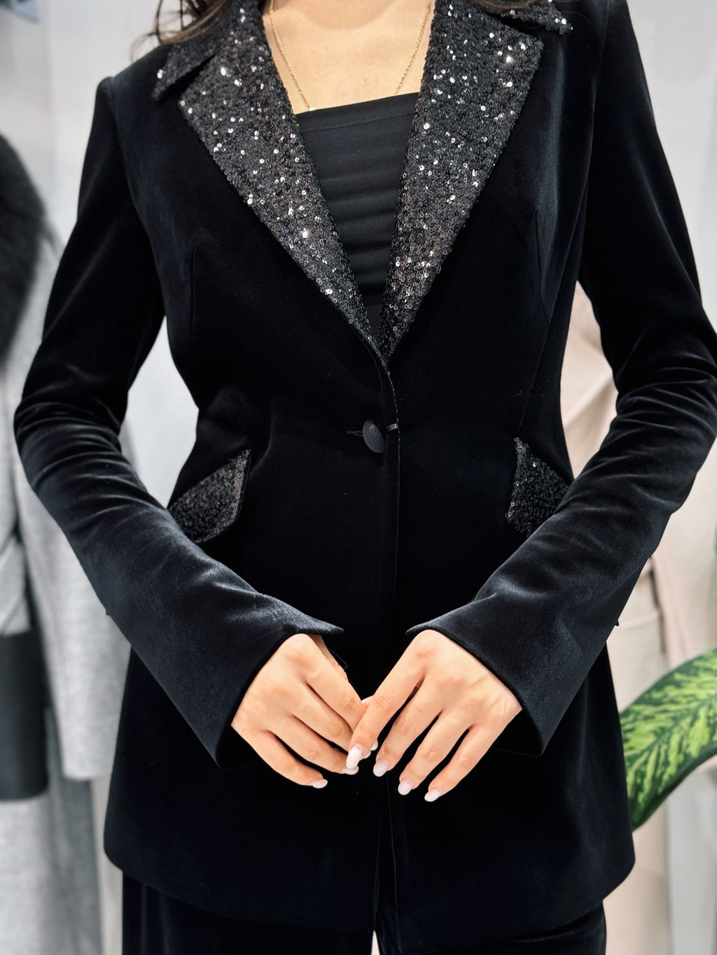 Velvet Sequin Blazer & High-Waist Pants Set