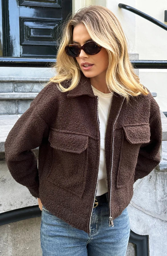 Bouclé Jacket with Zipper Beige