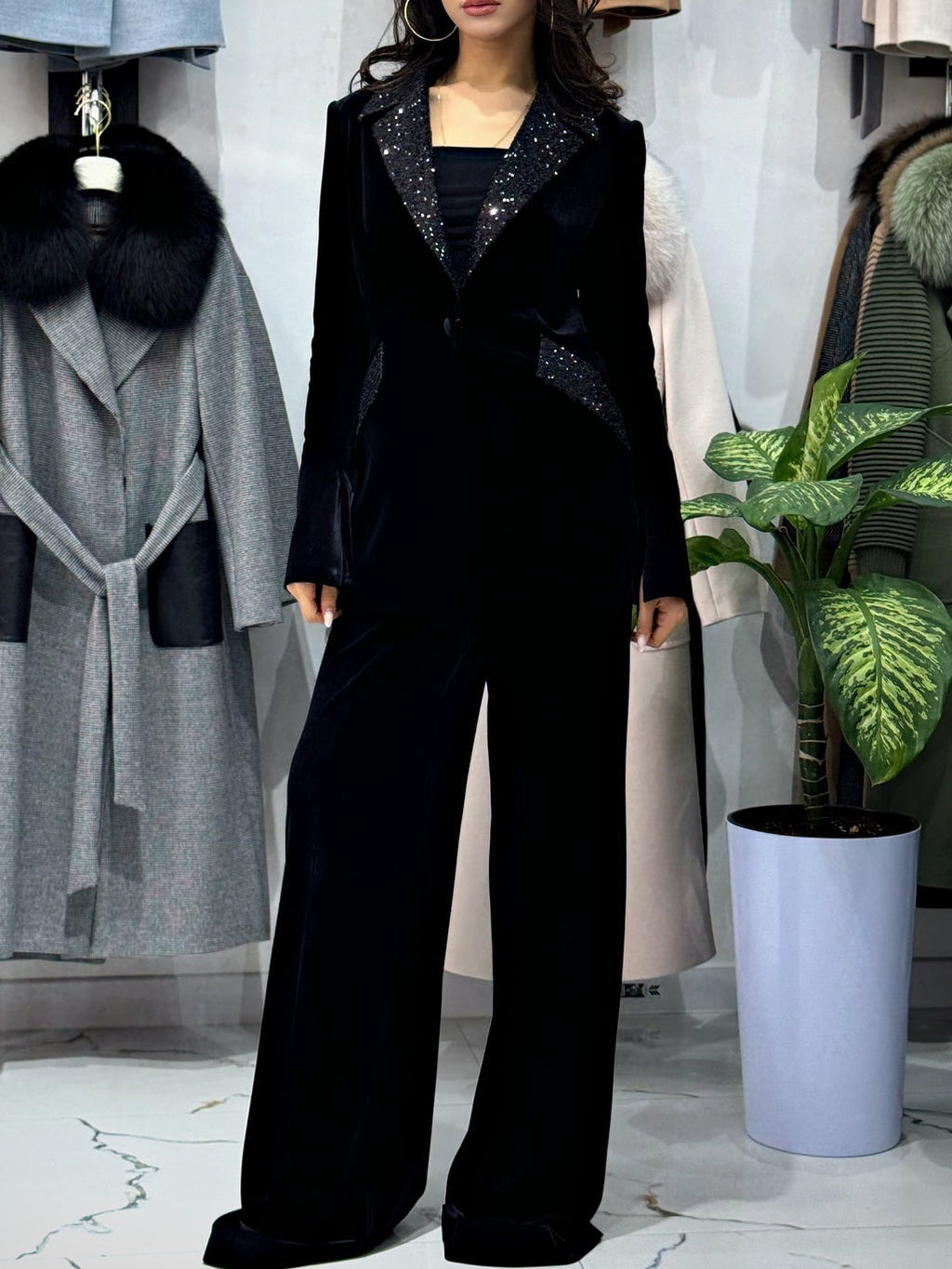Velvet Sequin Blazer & High-Waist Pants Set