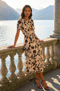 Cream Floral Print Pleated Neck Midi Dress
