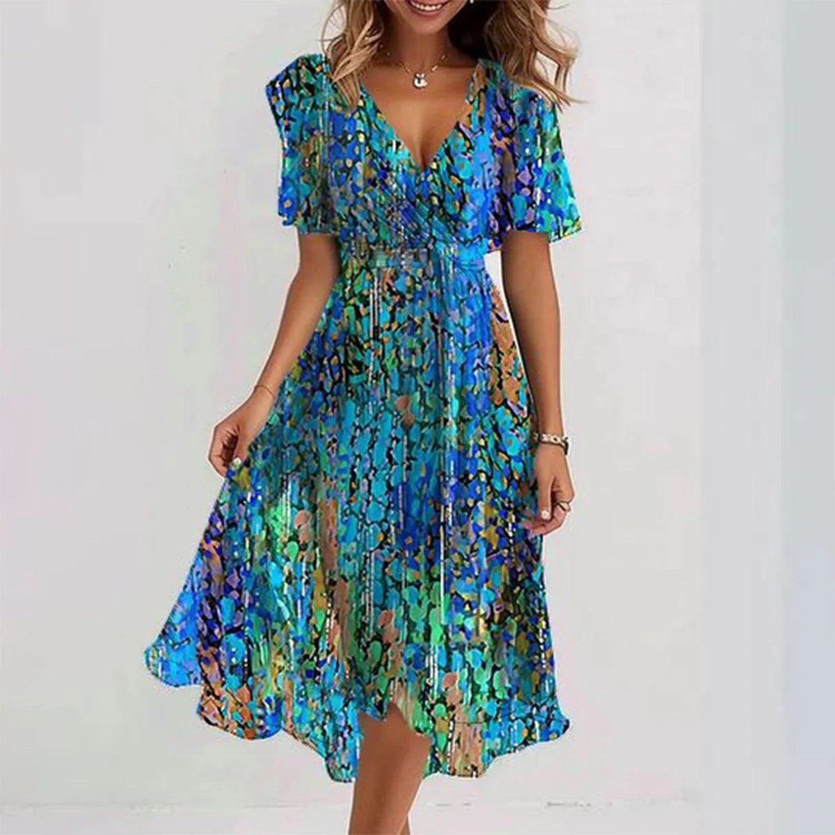 Azurine™ | Elegant Short Sleeve Midi Dress